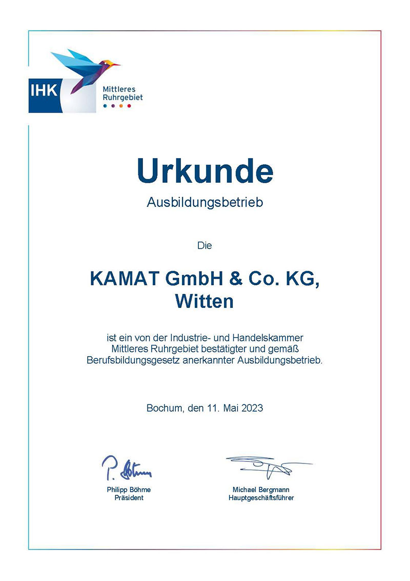 Ausbildung in Witten bei KAMAT. IHK Zertifikat für KAMAT GmbH & Co. KG