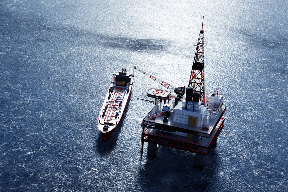 Mood picture for oil and gas industry showing a offshore plant and a ship