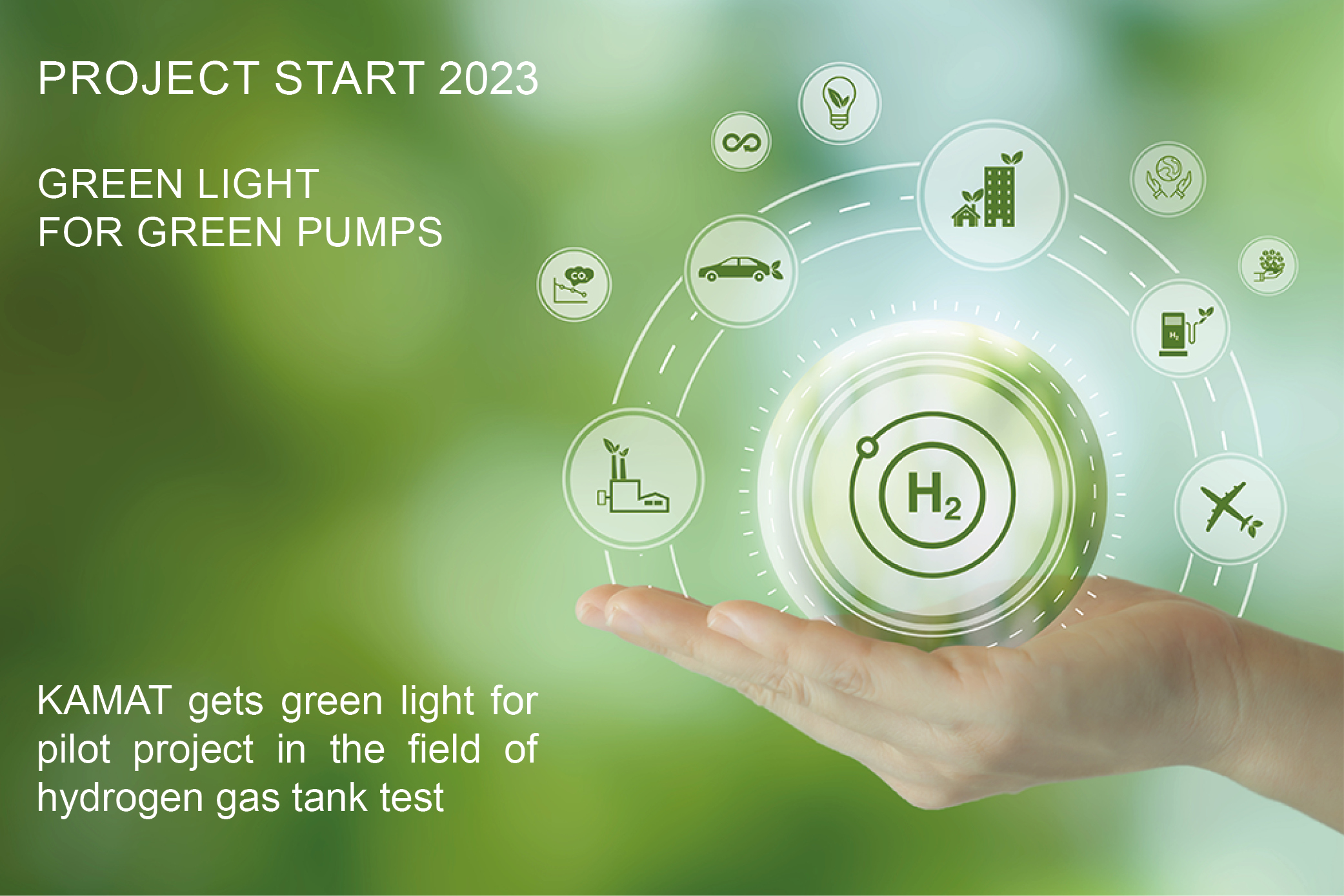 Feature image for news about project start in the H2 area: Mood image Hydrogen symbol image, you can see a hand with a green background circling various infographics on the subject of industry, transport and energy, as well as a text that KAMAT has received the green light for a major project in the field of hydrogen tank testing.