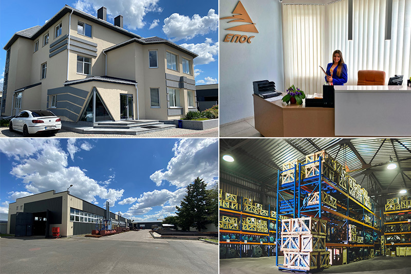 picture collage of 4 pictures presenting the company Epos, the partner of KAMAT in Ukraine. All of the pictures show the company for outside or inside