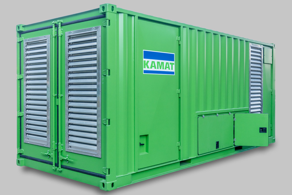 Closed green Container of a KAMAT High-Pressure Unit with doors and storage area