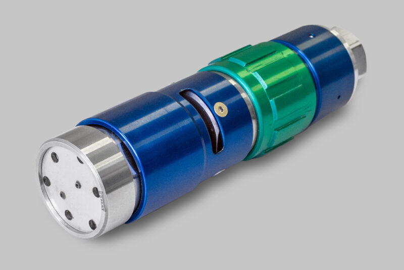 Picture of the KAMAT High-Pressure Rotating Nozzle PRD3500 LV in green and blue, showing the whole nozzle from the front side