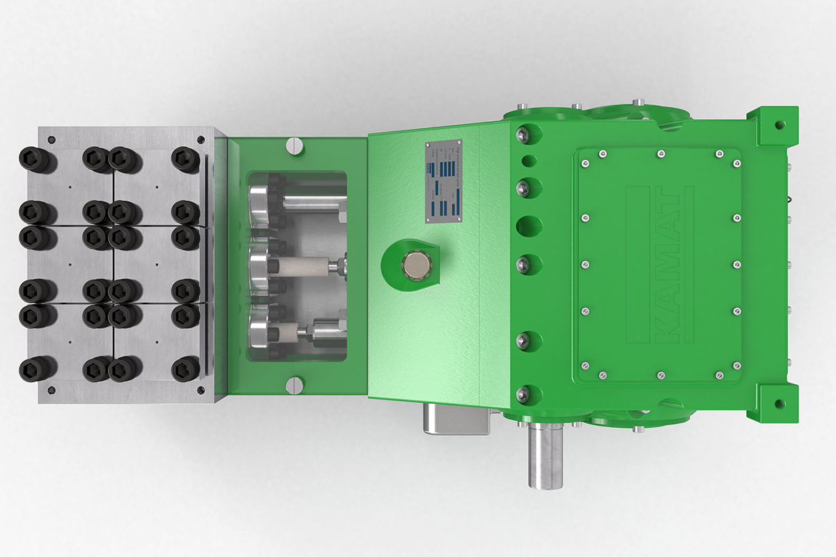 Top View of green KAMAT HP Triplex Plunger Pump K11000-3G with M-Head
