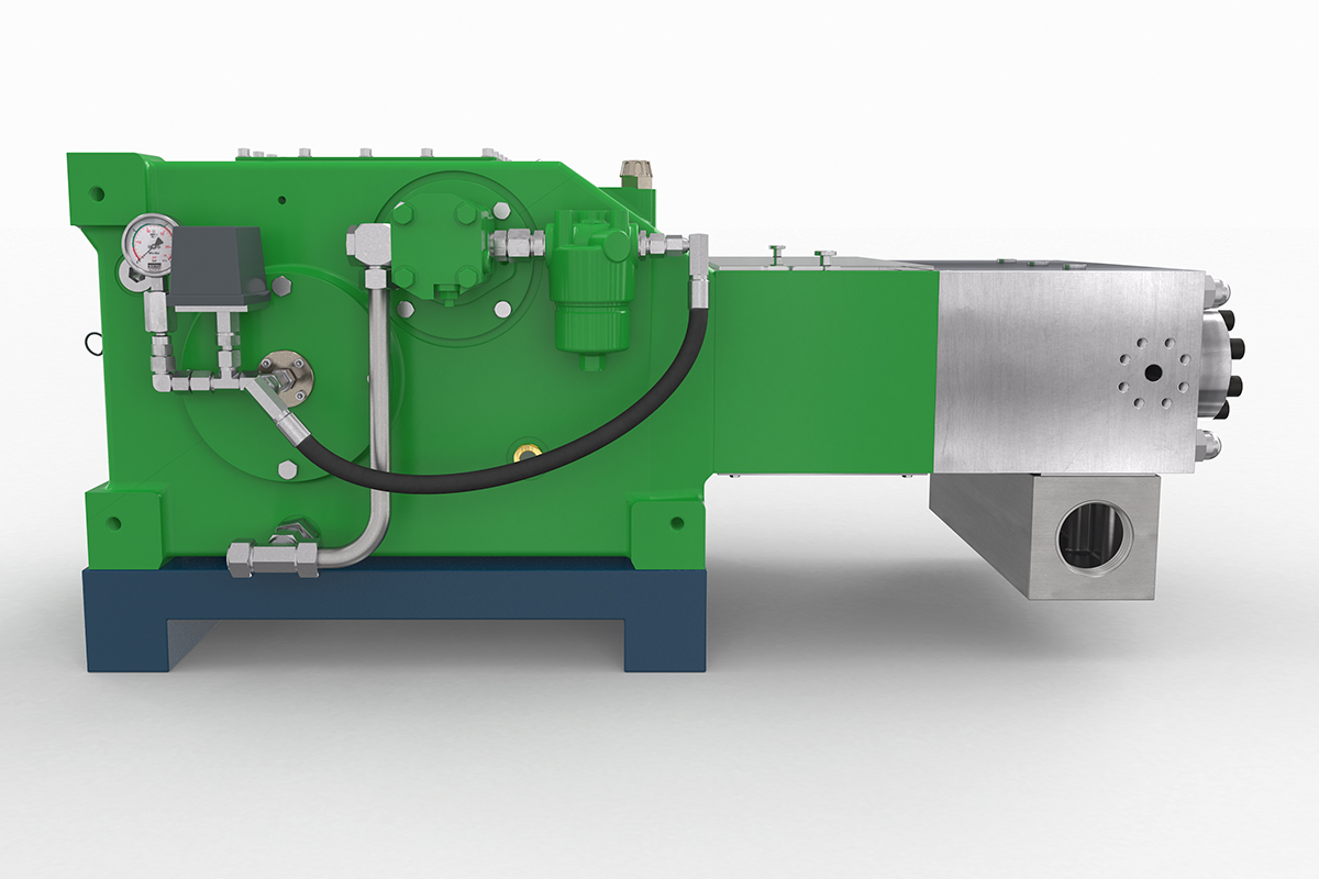 Green KAMAT High-Pressure Triplex Plunger Pump K25000 A-Head Side View 3