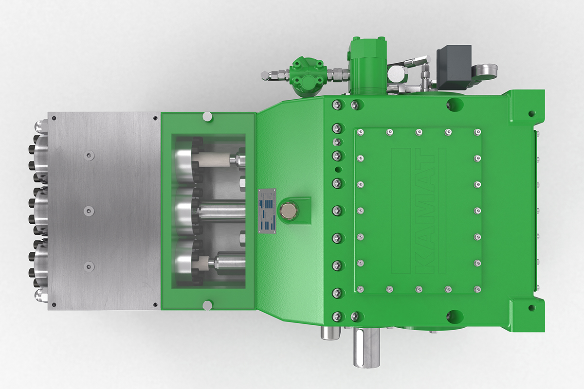 Green KAMAT High-Pressure Triplex Plunger Pump K25000 A-Head Top View