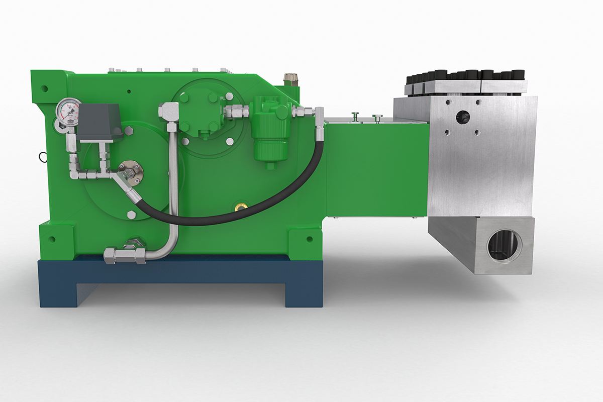 Green KAMAT High-Pressure Triplex Plunger Pump K25000 M-Head side View 2