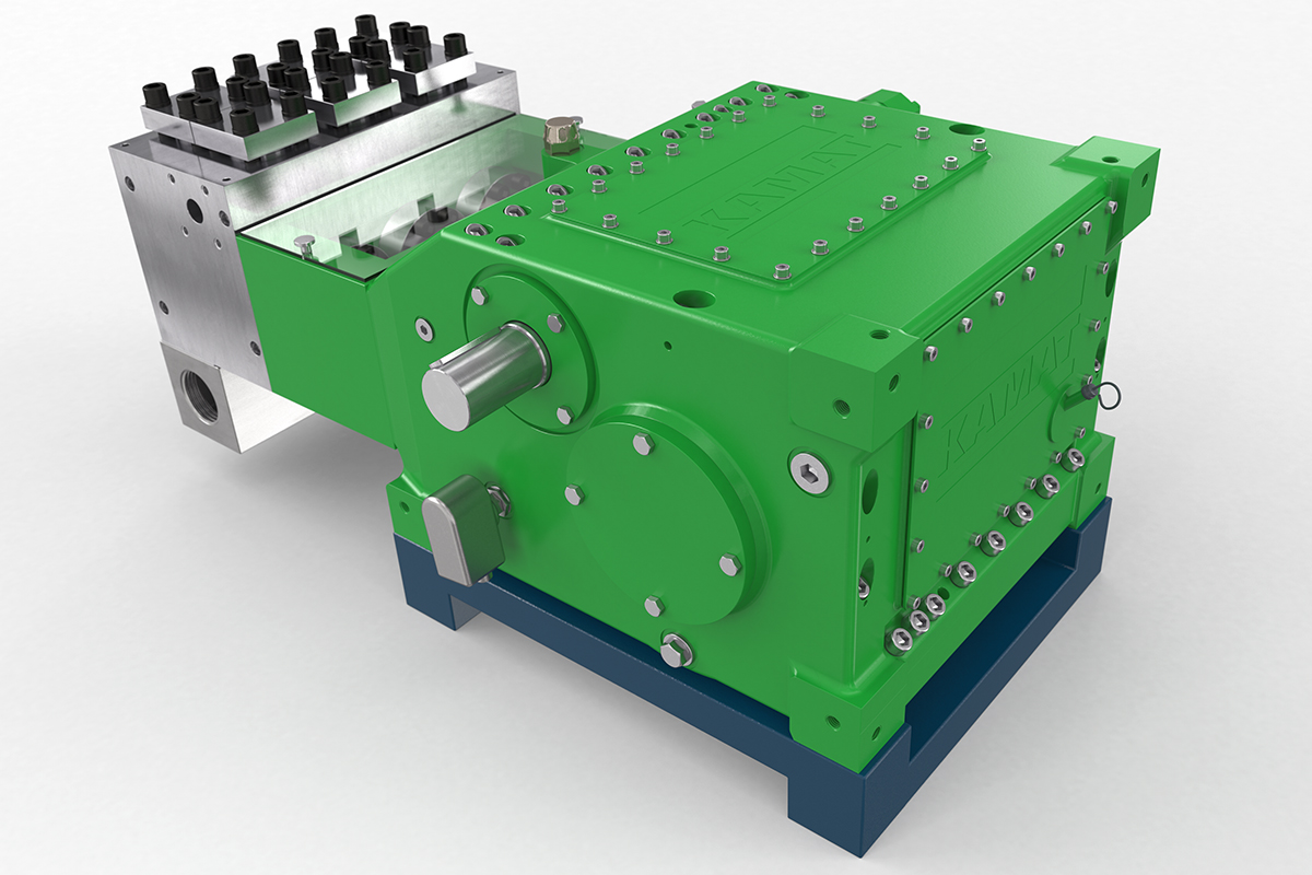 Green KAMAT High-Pressure Triplex Plunger Pump K25000 M-Head Overall View